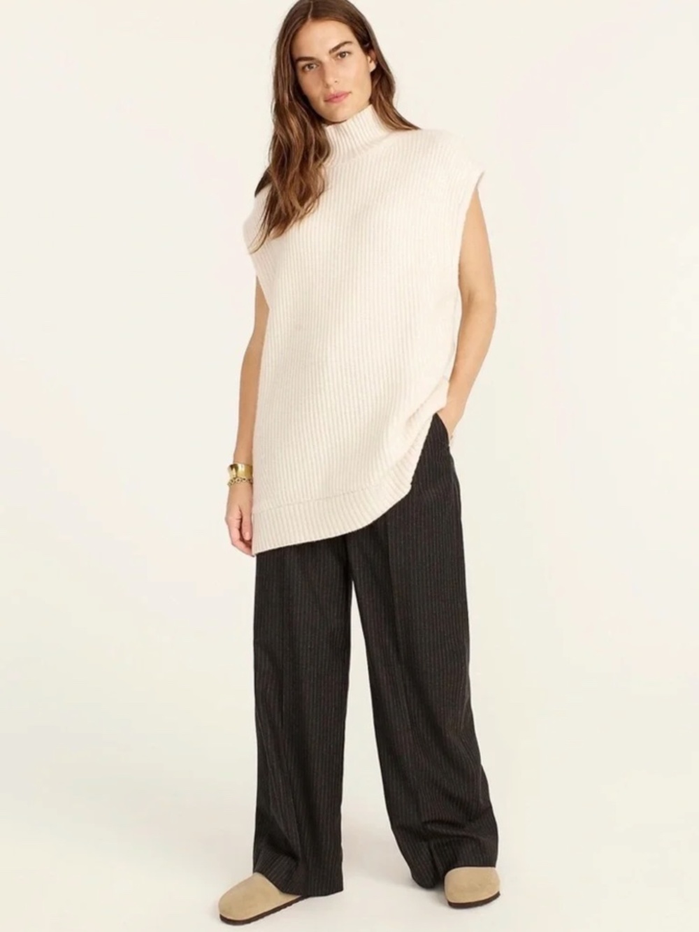 EUC! J. Crew Cashmere Sleeveless Turtleneck Tunic, Heather Muslin, Size M/L